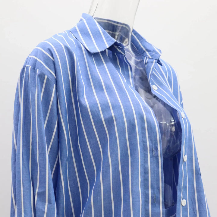 Stilla | Elegant stribet bomulds top og shortssæt