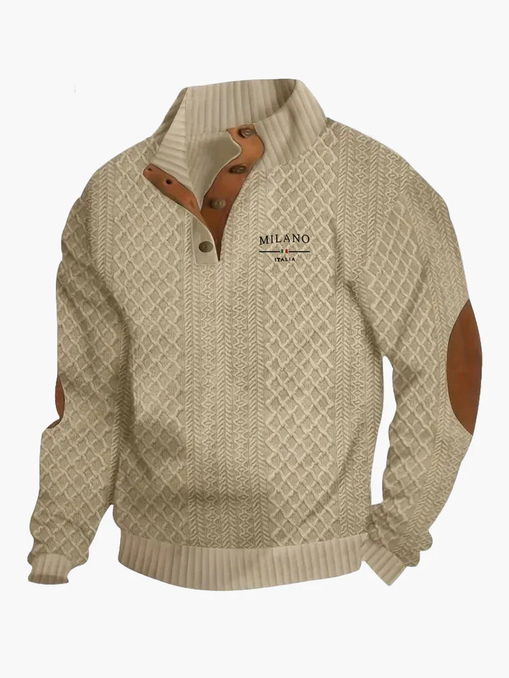Stilla | Pullover Milano Italia Vintage Strikpullover med Ståkrave og Albue-Patches - Modisk Fritidspullover