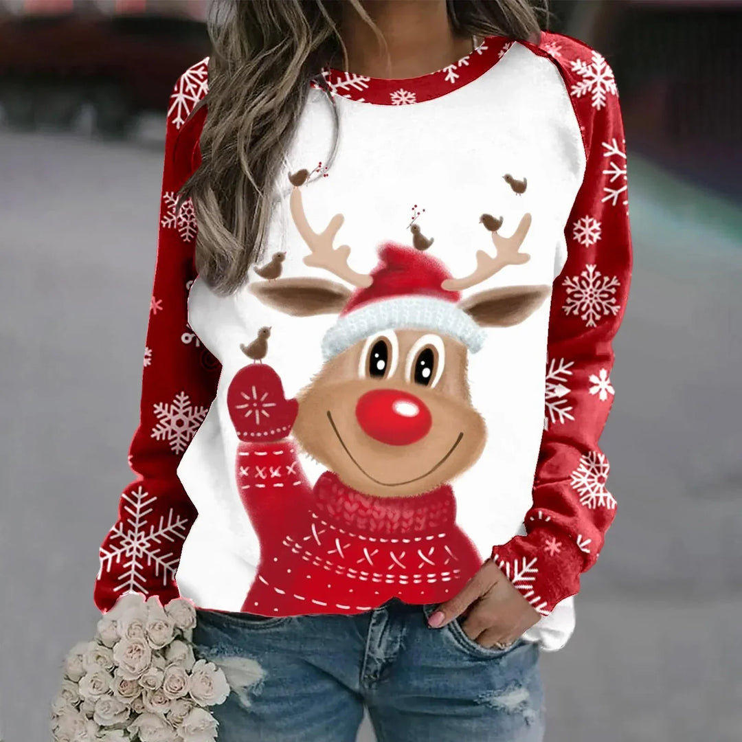 Stilla | Varm Rundhals Pullover Med 3d Printet Jule-reindeer Motiv Til Dame