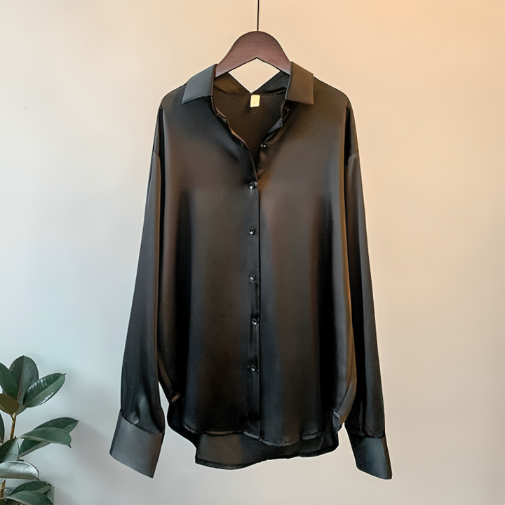 Stilla | Elegant Satin Skjortekjole Med Lange Ærmer og Knappelukning