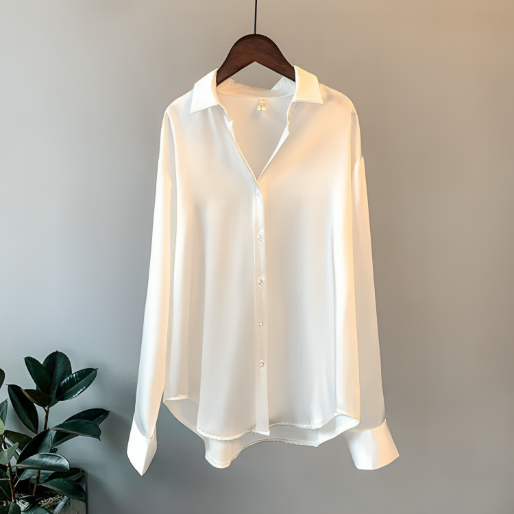 Stilla | Elegant Satin Skjortekjole Med Lange Ærmer og Knappelukning