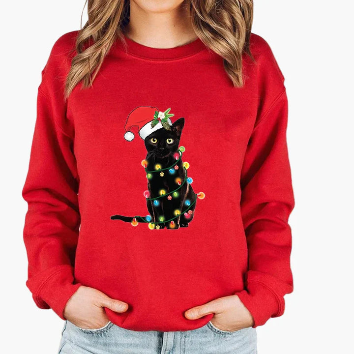 Stilla | Juletrøje med Kat og Lyskæde - Sjov Vinter-Sweater til Katteelskere