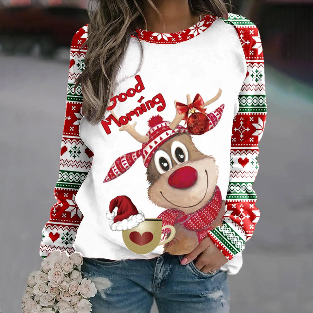 Stilla | Varm Rundhals Pullover Med 3d Printet Jule-reindeer Motiv Til Dame