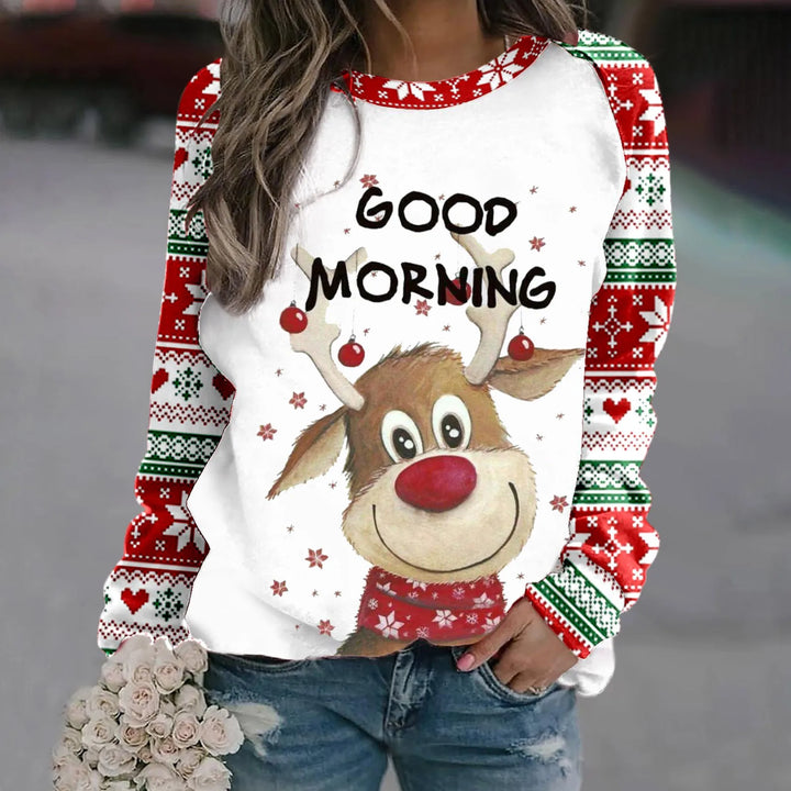 Stilla | Varm Rundhals Pullover Med 3d Printet Jule-reindeer Motiv Til Dame