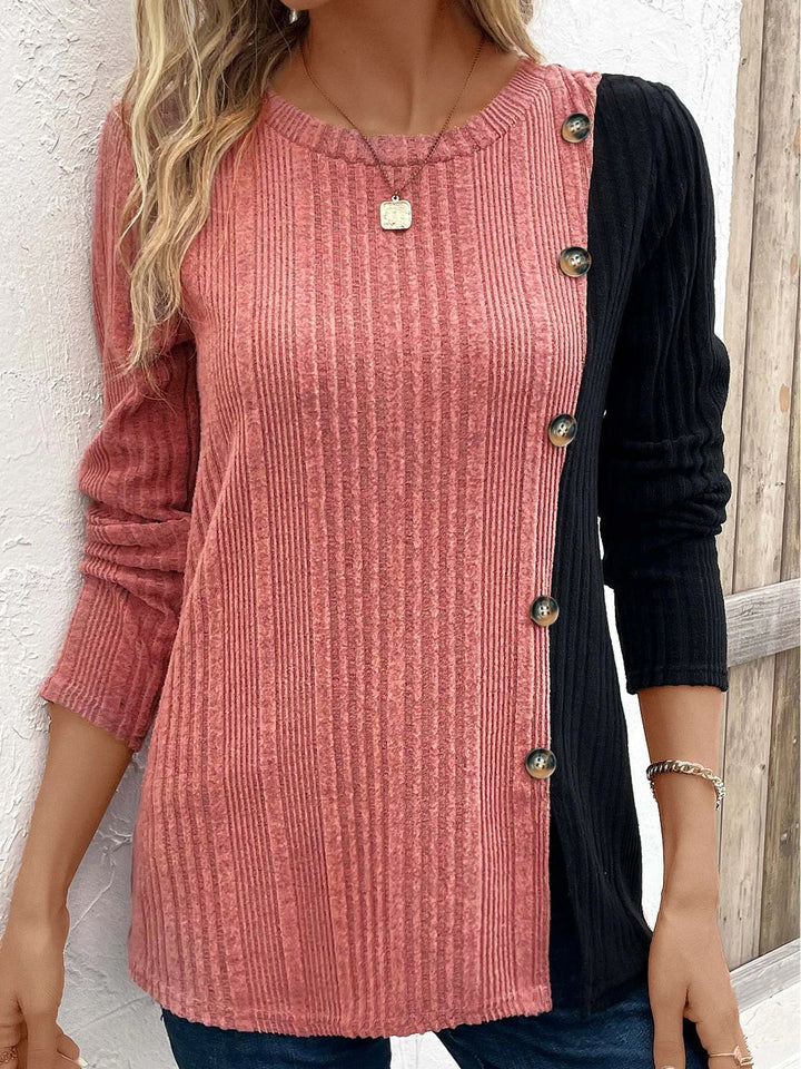 Stilla | Dam Langærmet T-shirt Med Color Block Detaljer Og Knapliste