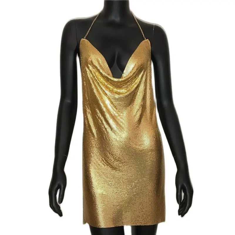 Stilla | Metallic Rygfri Mini Kjole