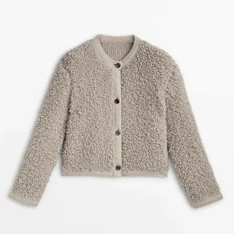 Stilla | Teddy-jakke Plus Size Pasform Plysstruktur Krageløs Med Knapper
