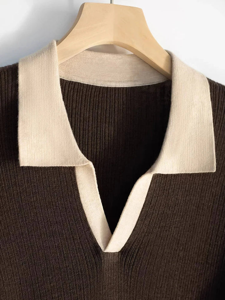Stilla | Pullover med ribbet v-hals og kontrastfarvet krave til damer