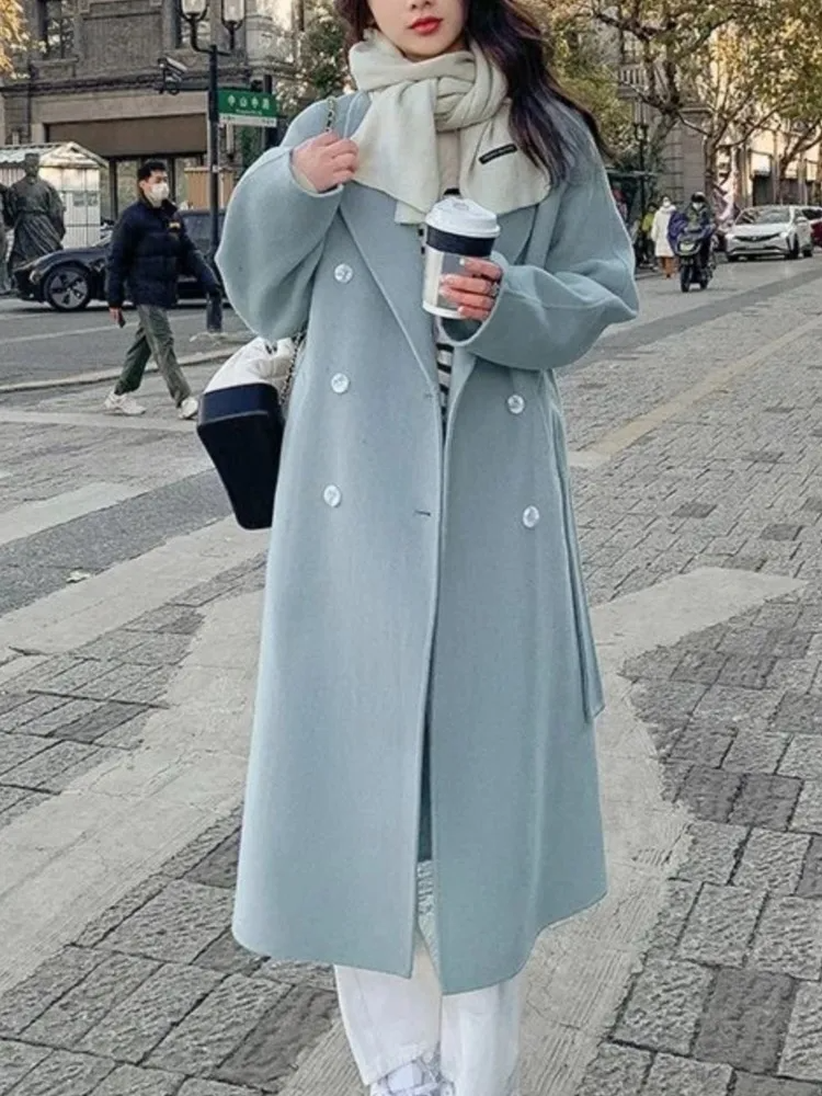 Stilla | Lang frakke Oversized Fit Dobbelt række Elastisk bånd Uld udseende