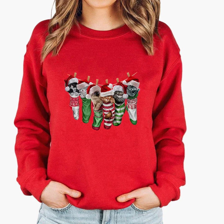 Stilla | Juletrøje med Kat og Lyskæde - Sjov Vinter-Sweater til Katteelskere
