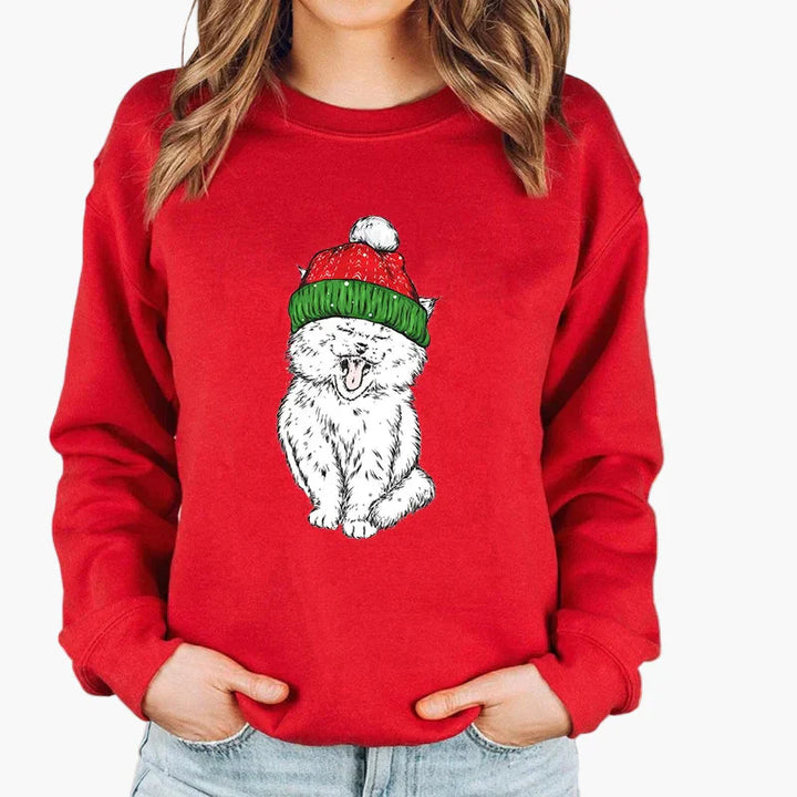 Stilla | Juletrøje med Kat og Lyskæde - Sjov Vinter-Sweater til Katteelskere