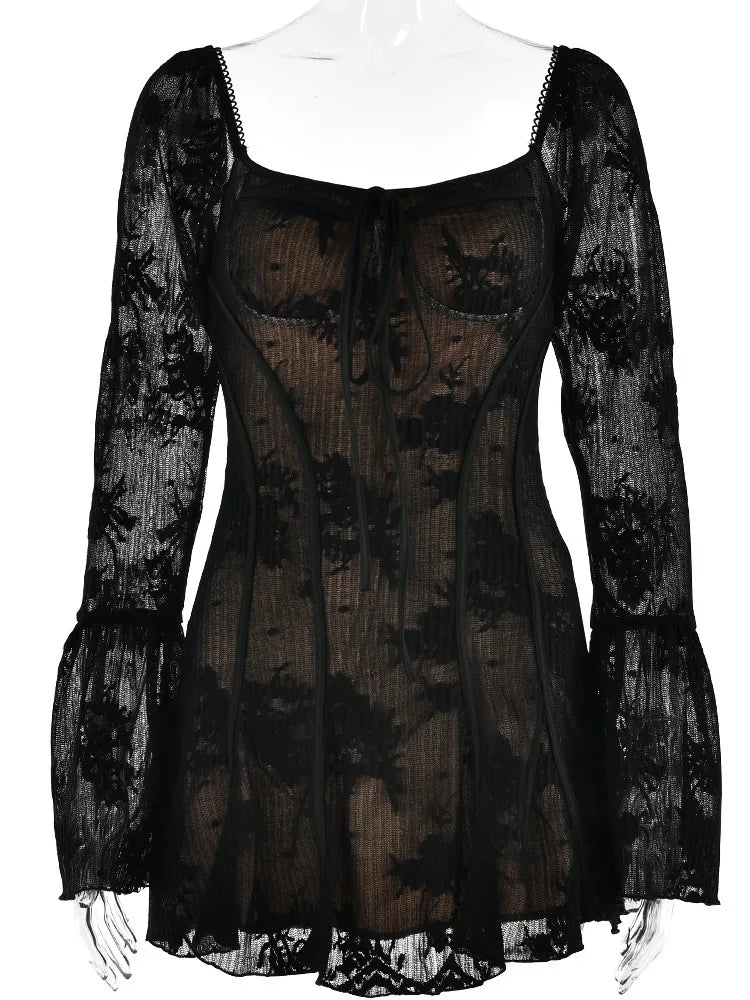 Stilla | Square Neck Lace Flare Sleeve Mini Kjole