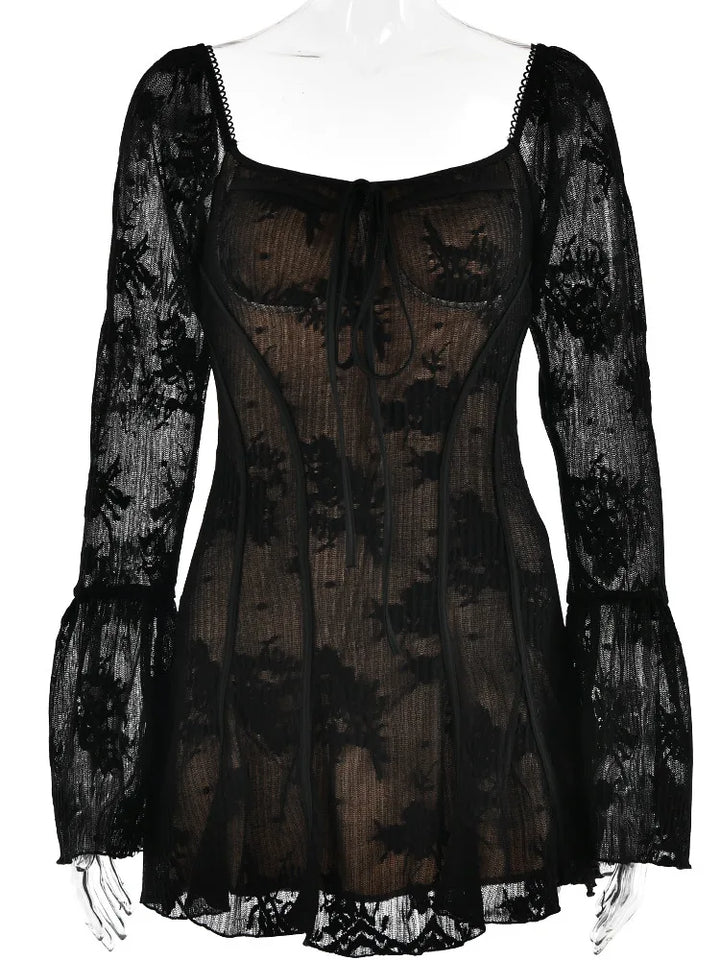 Stilla | Square Neck Lace Flare Sleeve Mini Kjole