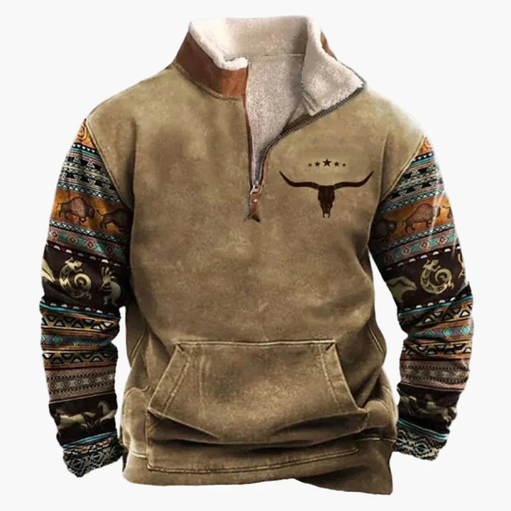 Stilla | Western Stil Pullover med Aztek Mønster og Longhorn Motiv - Komfortabel Fritids Sweater til Udendørs og Hverdag