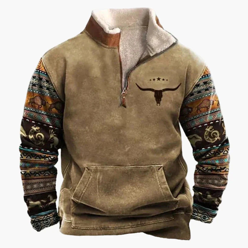 Stilla | Vintage Western Half-Zip Pullover med Etnisk Mønster til Udendørs og Fritid