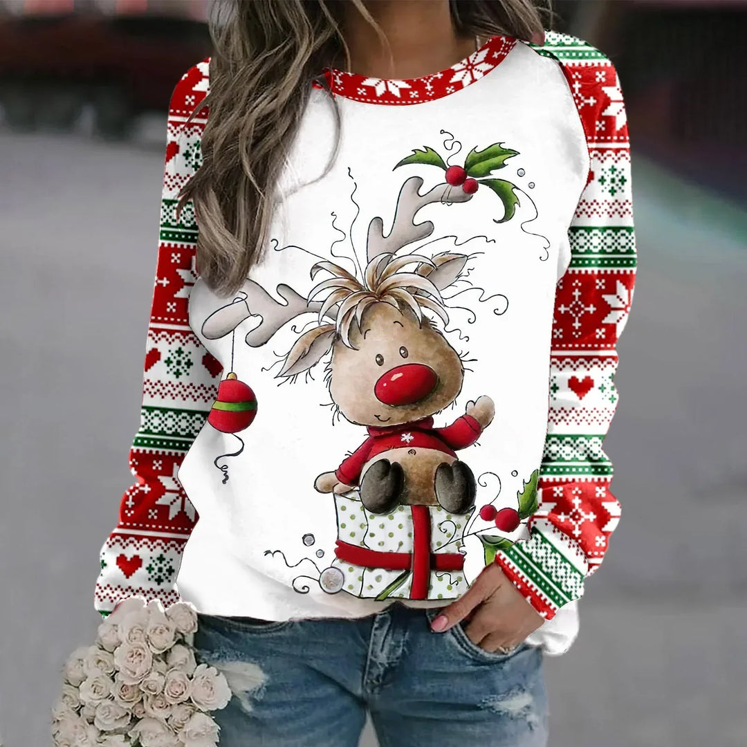 Stilla | Varm Rundhals Pullover Med 3d Printet Jule-reindeer Motiv Til Dame