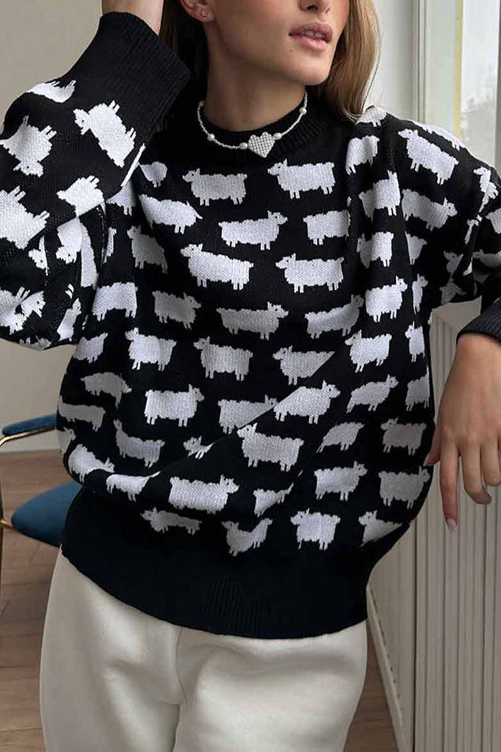 Stilla | Pullover med lange ærmer, rund halsudskæring og fårmønster