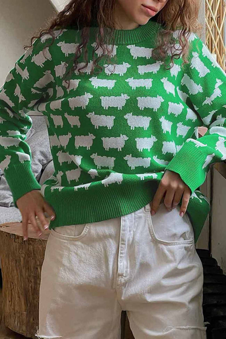 Stilla | Pullover med lange ærmer, rund halsudskæring og fårmønster