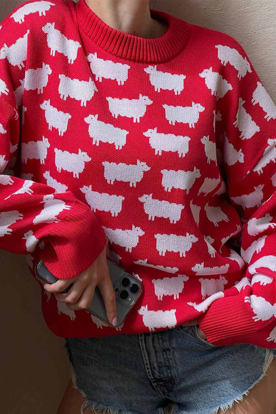 Stilla | Pullover med lange ærmer, rund halsudskæring og fårmønster