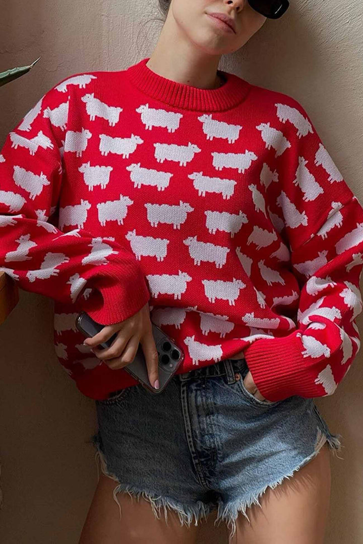 Stilla | Pullover med lange ærmer, rund halsudskæring og fårmønster