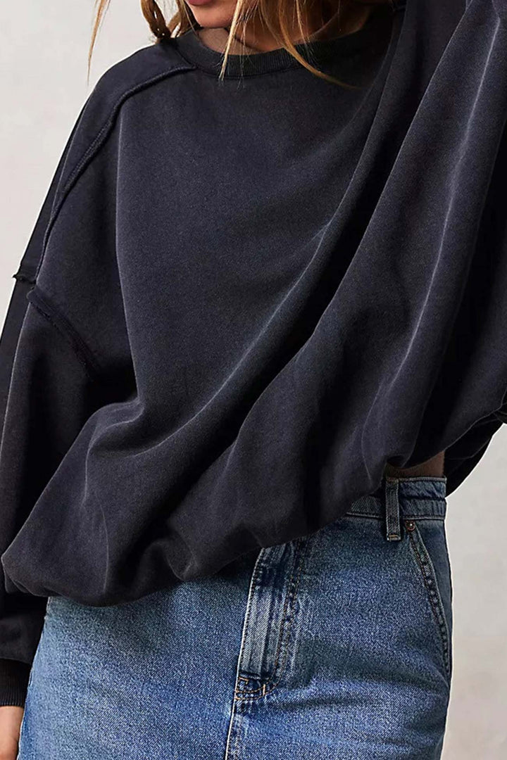 Stilla | Sweatshirt med Rundhalsspids i Ensfarvet med Ru Kanter