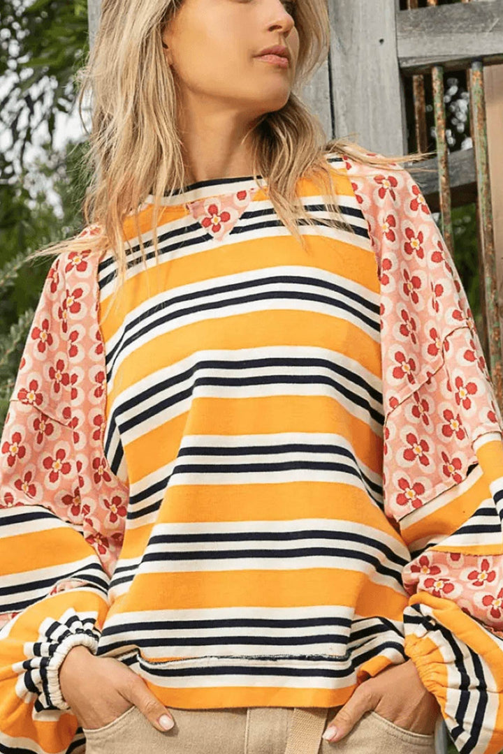 Stilla | Stribet bomulds sweatjacke med blomstermønster