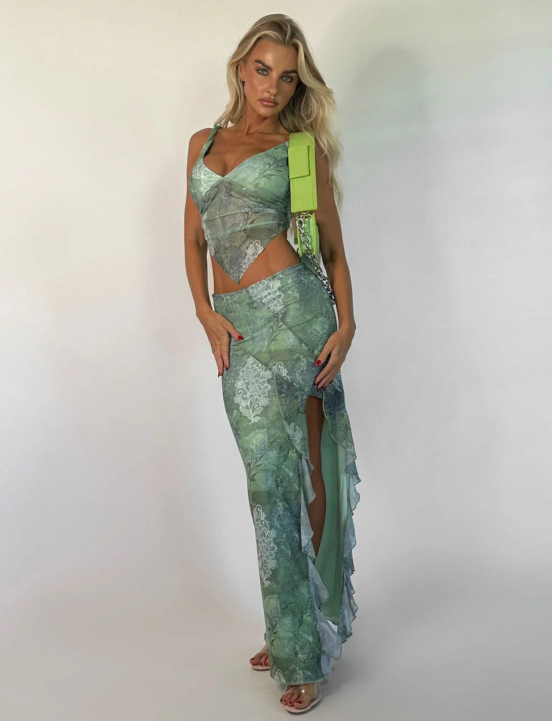 Stilla | Grøn Blomstret Crop Top Med Nederdel