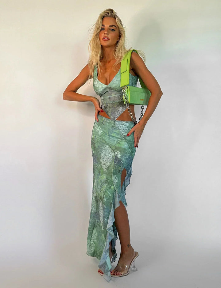Stilla | Grøn Blomstret Crop Top Med Nederdel