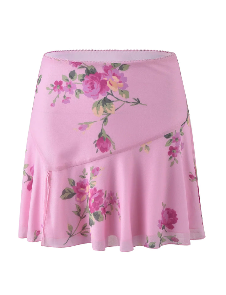 Stilla | Blomstret Pink Top Med Mini Nederdel