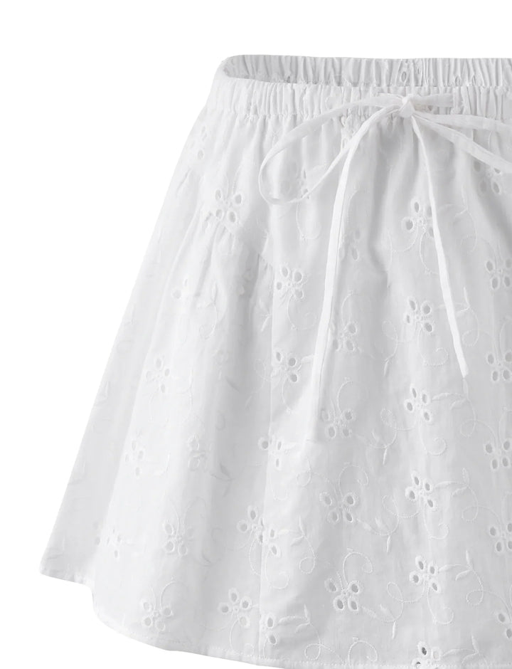 Stilla | Hvid Årgang Kortærmet Crop Top Med Mini Nederdel