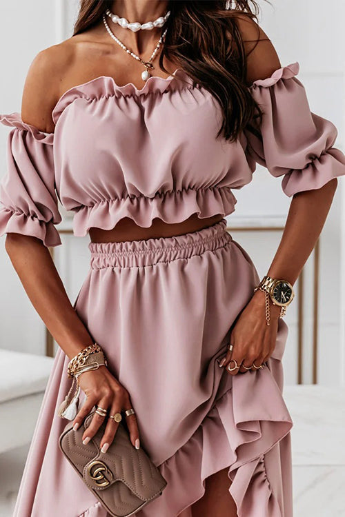 Stilla | Flounce Off Shoulder Crop Uregelmæssighed Skirt Sæt