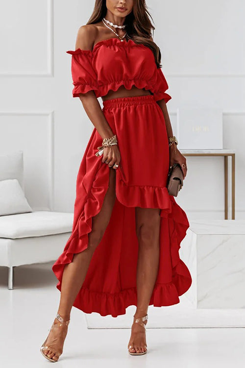 Stilla | Flounce Off Shoulder Crop Uregelmæssighed Skirt Sæt