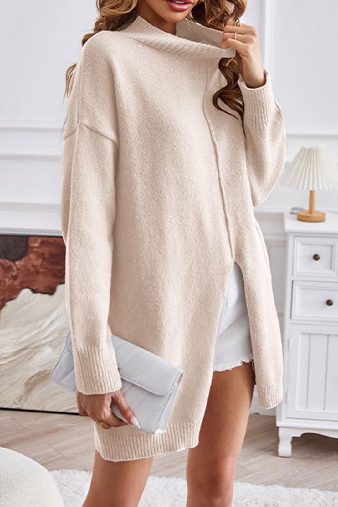 Stilla | Rullekrave Sweater, Slids Front, Medium Længde Sweater