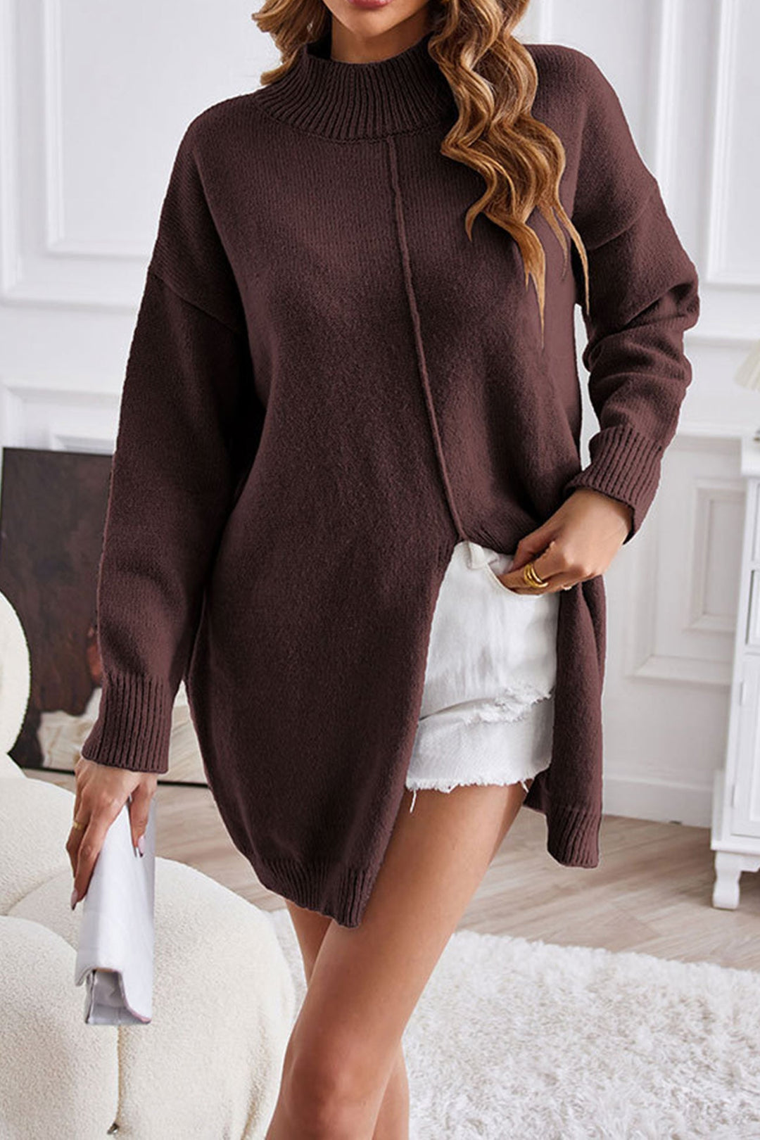Stilla | Rullekrave Sweater, Slids Front, Medium Længde Sweater