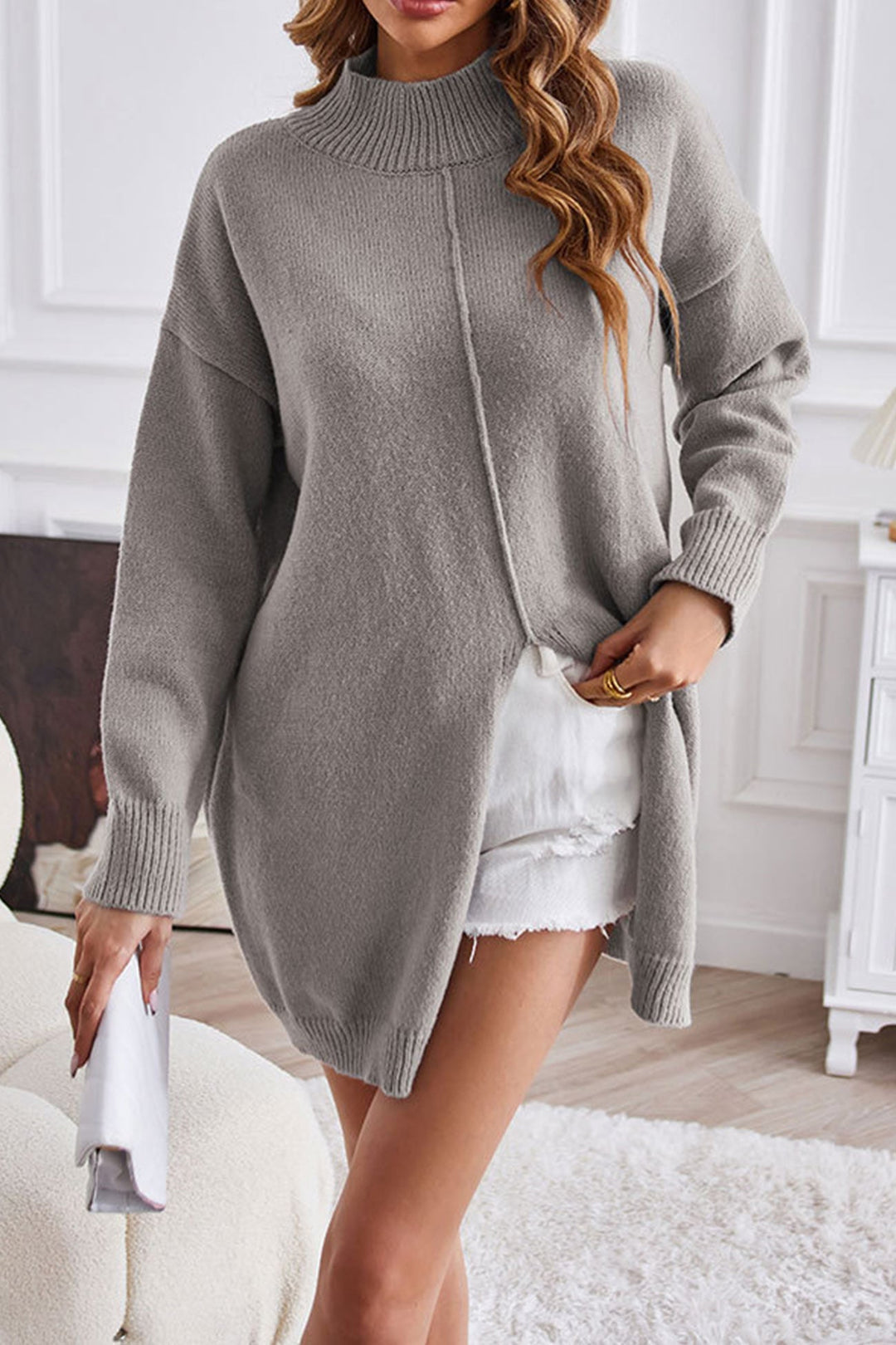 Stilla | Rullekrave Sweater, Slids Front, Medium Længde Sweater