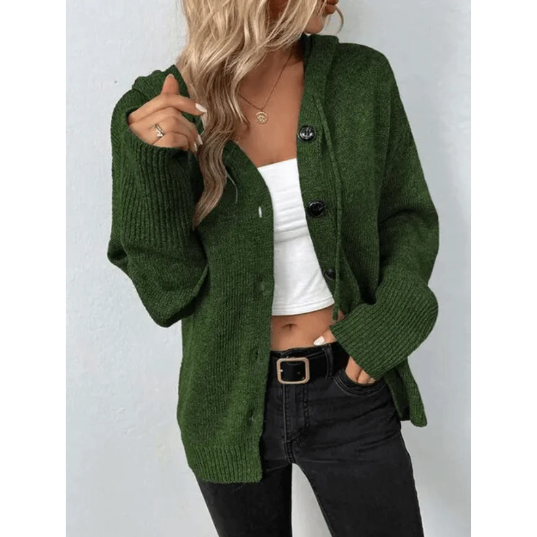 Stilla | Dame Cardigan Blød Strik Oversized-Pasform Knaplukning Hætte Ribkant