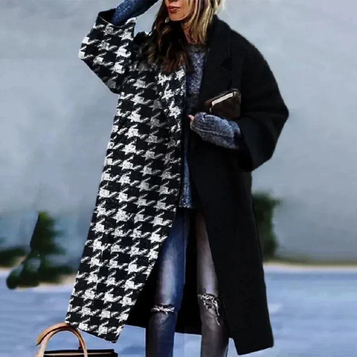 Stilla | Lang trenchcoat uldblanding plus størrelse pasform abstrakt design åben front