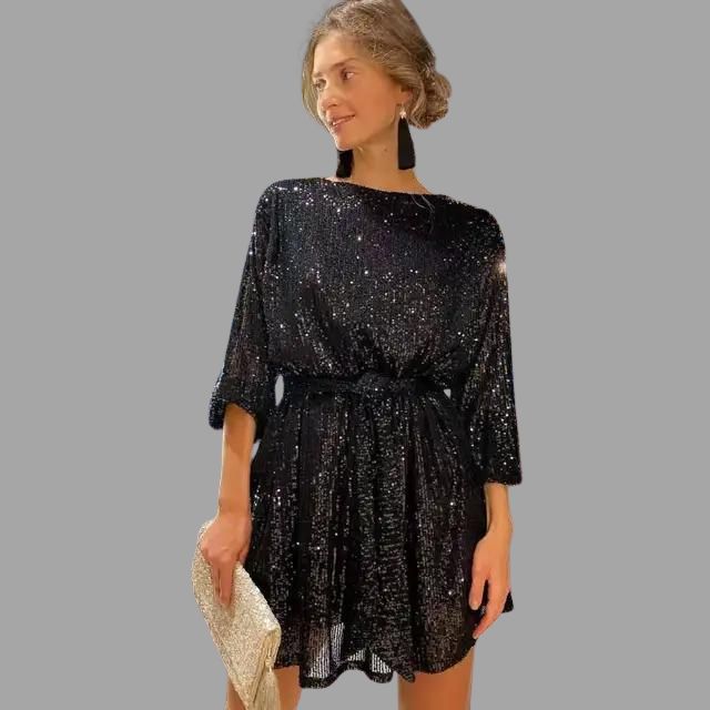Stilla | Mini Skirt Dress with Sequins, Pleated Waist and Wide Sleeves