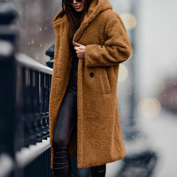 Stilla | Elegant Lang Teddy-frakke Med Hætte Til Dame