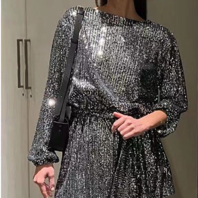 Stilla | Mini Skirt Dress with Sequins, Pleated Waist and Wide Sleeves
