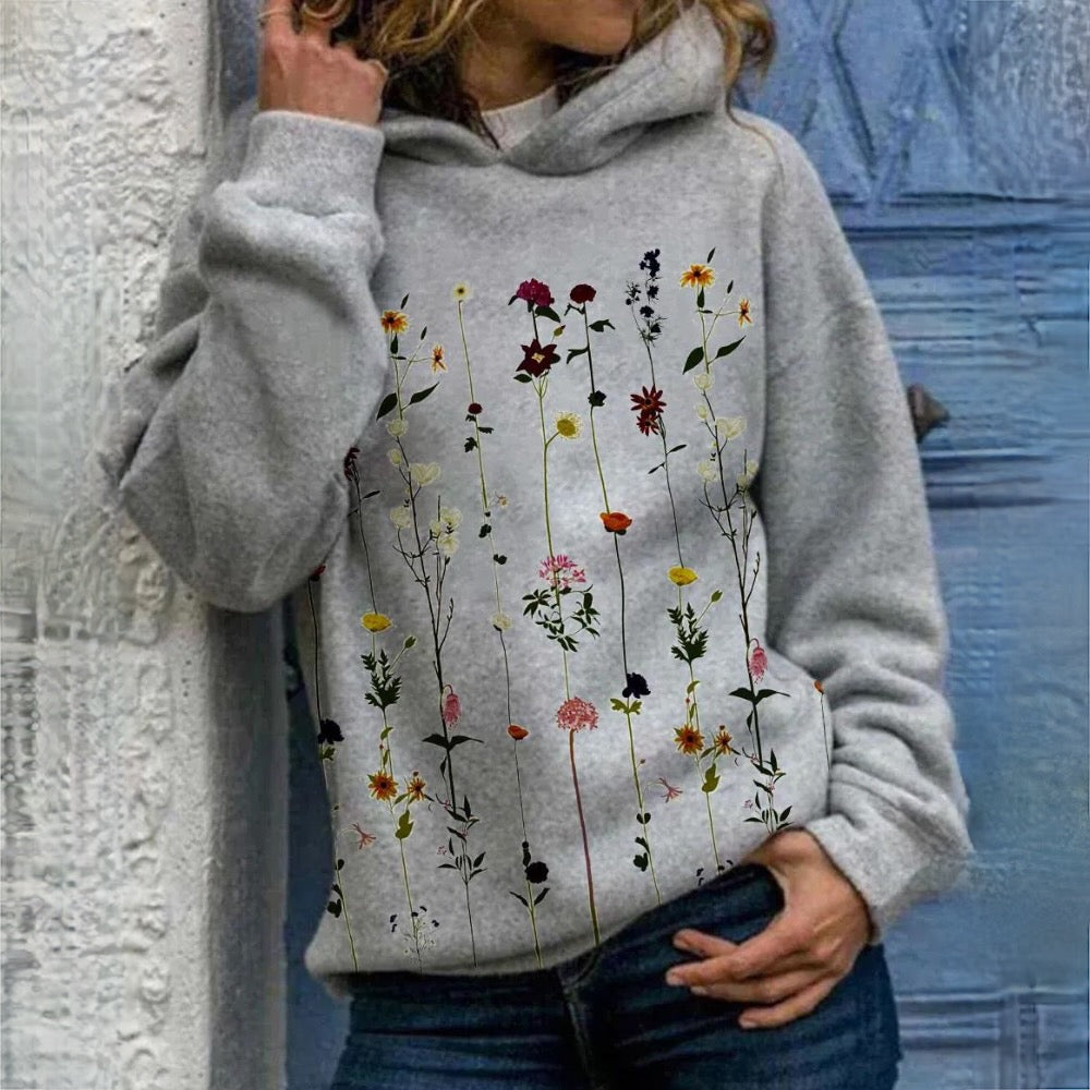 Stilla | Trykt Hættepullover Med Blomsterdesign