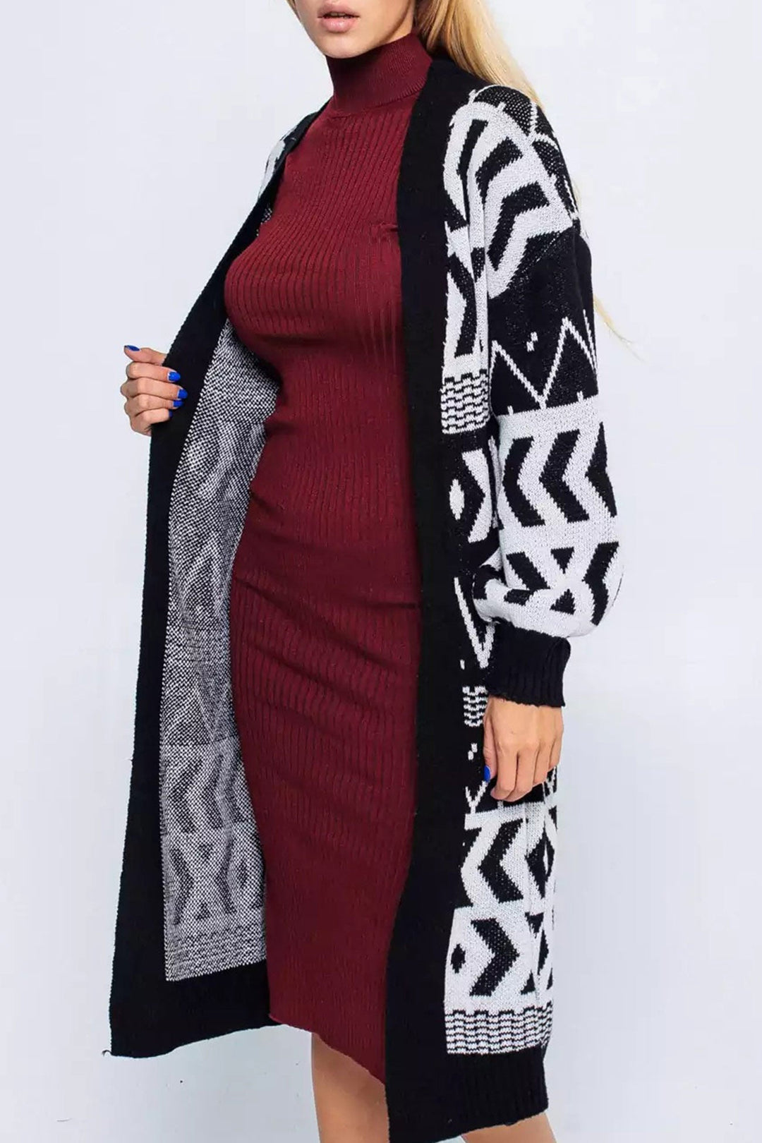 Stilla | Strikjakke Lang Patchwork Jacquard Vintage