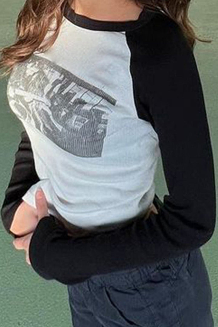 Stilla | Langærmede T-shirt med kontrasterende vintagedrukker
