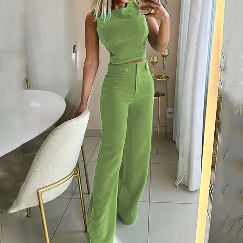 Stilla | Elegant Crop Top Højtaljet Lange Bukser Sæt