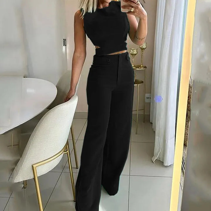 Stilla | Elegant Crop Top Højtaljet Lange Bukser Sæt