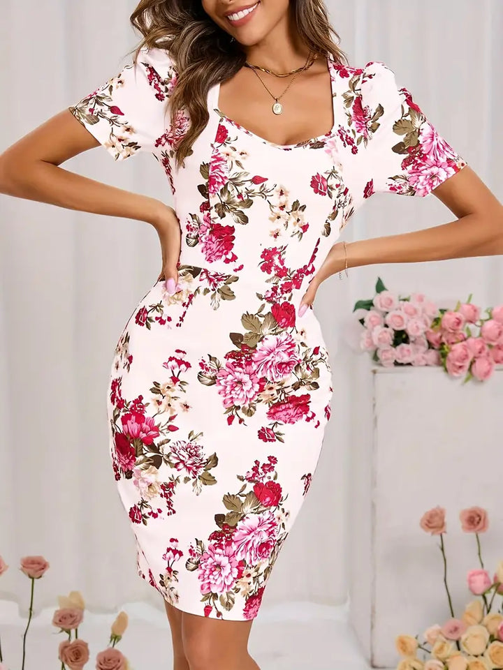 Stilla | Elegant Blomsterkjole Med Kvadratisk Udskæring Og Lynlås, Polyester, Åndbar Og Komfortabel
