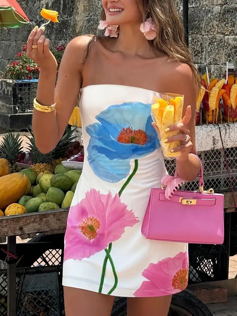 Stilla | Sommertøj Uden Stropper Med Blomsterprint Mini, Lyserød Blå, Luftig, Sexet Og Trendy Til Ferien