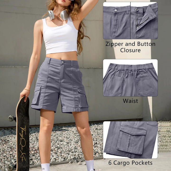 Stilla | Dame Vintage Cargo Shorts: Elastisk Talje og 6 Lommer