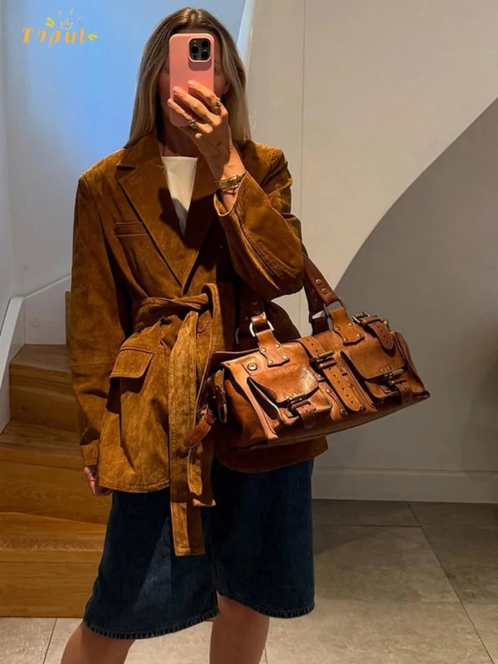Stilla | Frakke - Chic Suede-Jakke med Bælte og Lange Ærmer til Efteråret