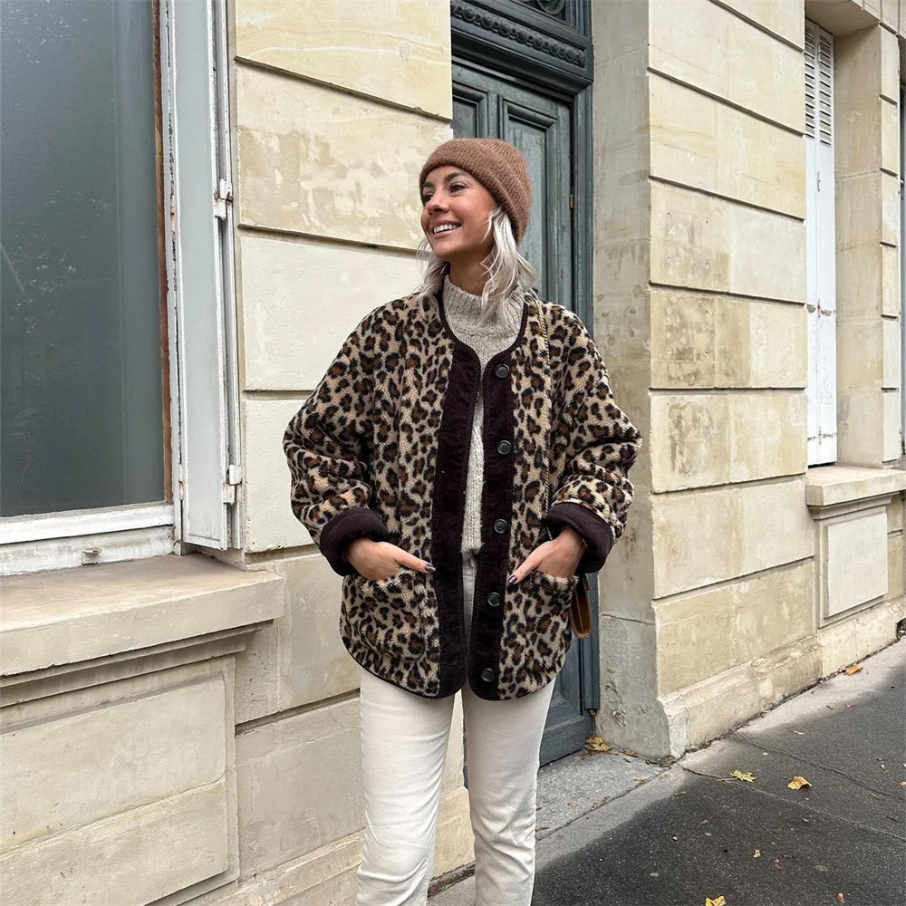 Stilla | Frakke Dame - Trendy Leopardenmønster O-Udskæring Jakke til Stil